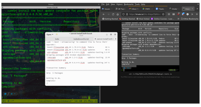 Screenshot showing tmate terminal window and 2 versions of sharing sessions demonstrating the same code