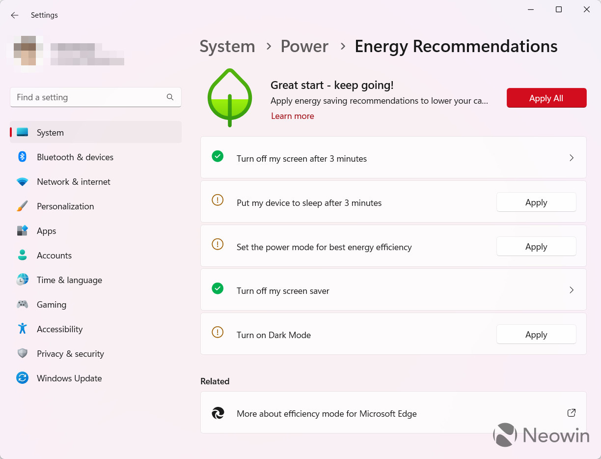 The new Energy Recommendations section in Windows 11