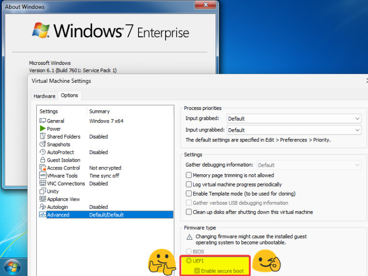 VMware in Windows 7 showing the option to enable Secure Boot