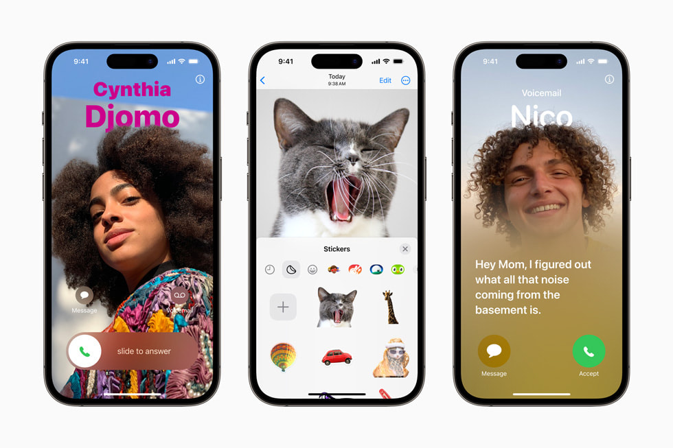 3 台 iPhone 14 Pro 设备展示 iOS 17 中升级的电话 app、FaceTime 通话 App 和信息 App 体验。