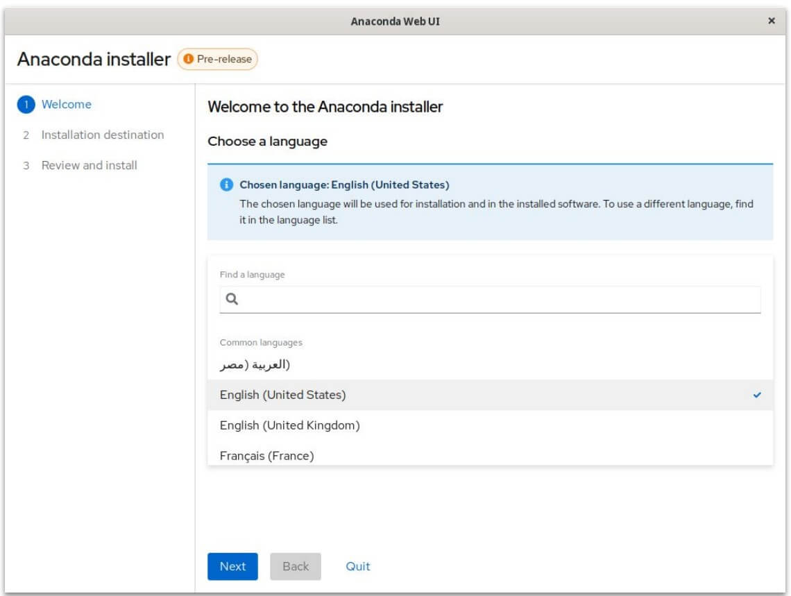 anaconda webui 安装程序的预发布屏幕截图
