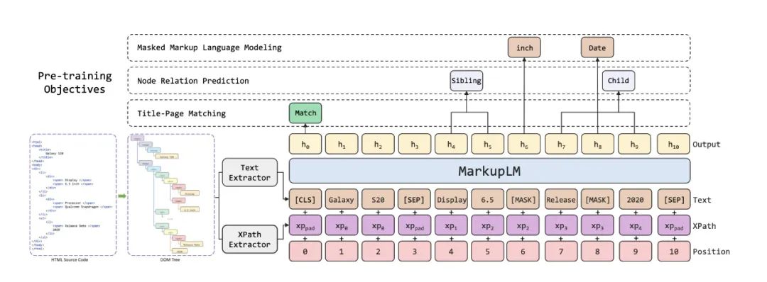 图3.MarkupLM模型架构及预训练任务示意图